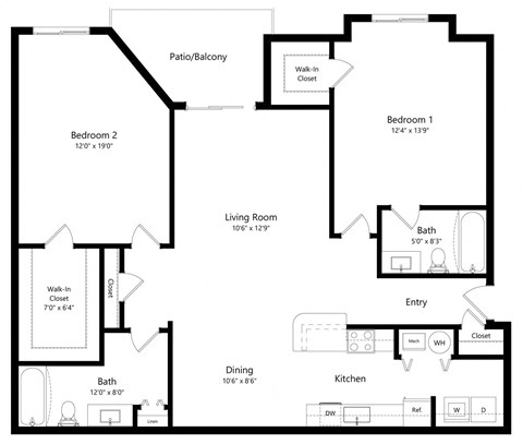 Floor plan for 2 beds, 2 baths, 1200 sqft